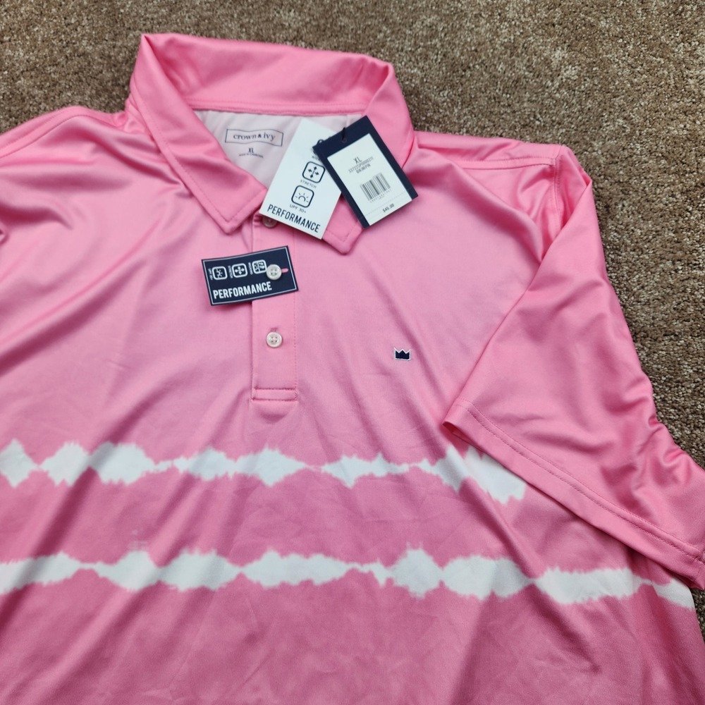 Crown Ivy Men Pink Tie Dye Performance Polo Shirt XL Wicking Stretch UPF 30+ NWT